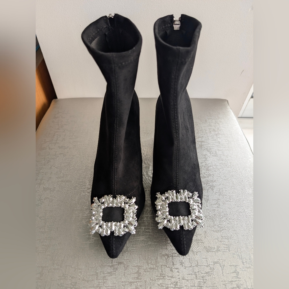Elegant Black Suede Ankle Boots with Silver Embellishment
